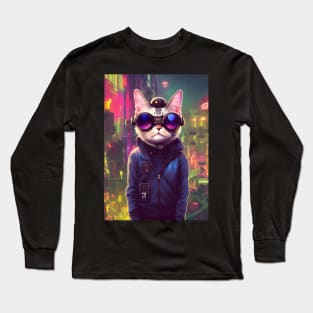 Techno Cat In Japan Neon City Long Sleeve T-Shirt